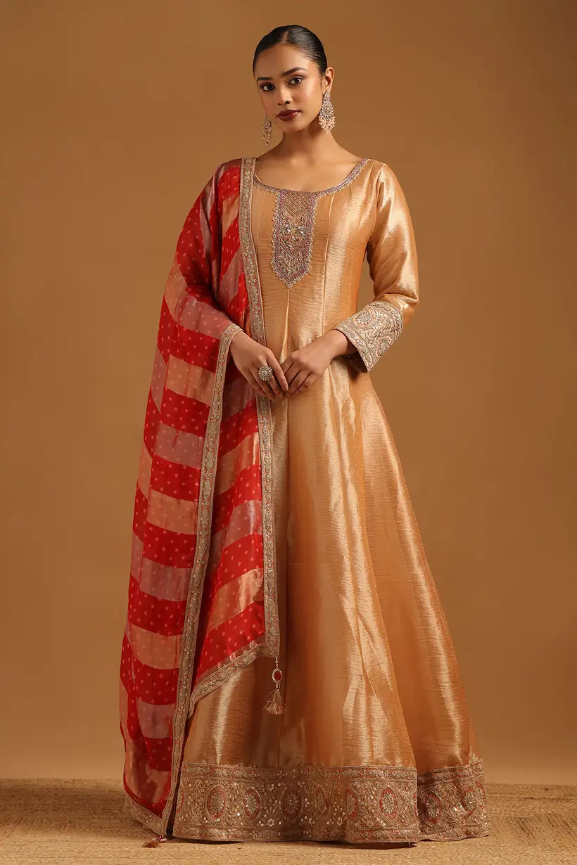 Beige Tissue Solid Gown With Hand Embroidery and Cutdana Details